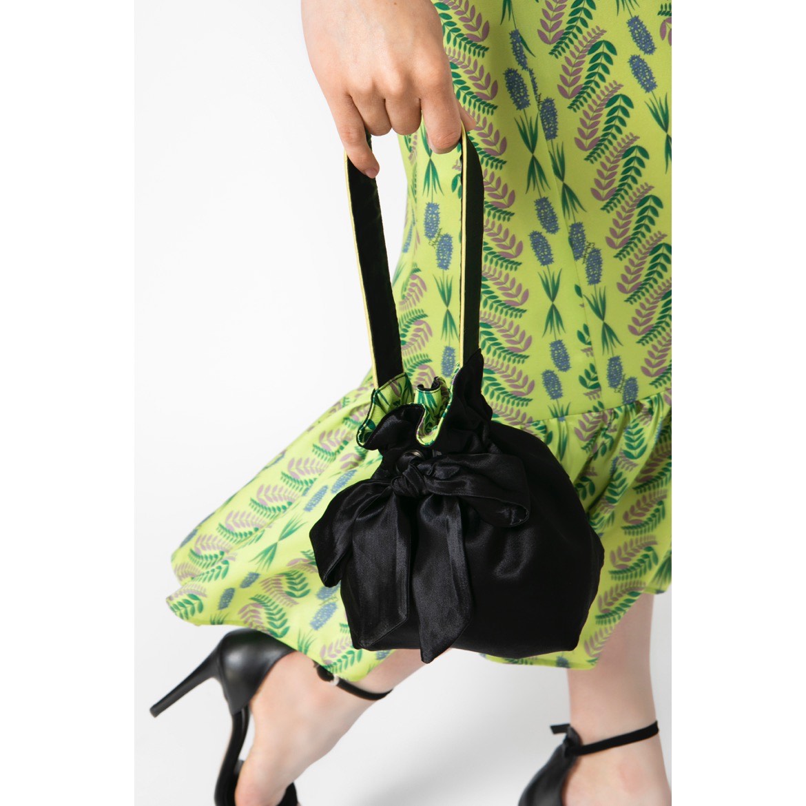 Black Satin & Flora Lime Mini Reversible Bucket Bag