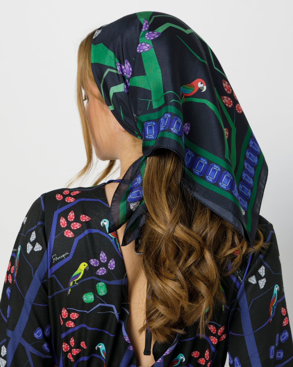 Birds & Gems Green Printed Silk Scarf - 70x70cm