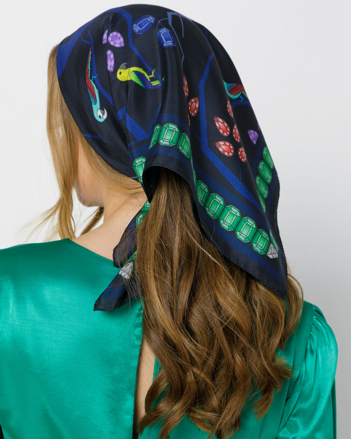 Birds & Gems Blue Printed Silk Scarf - 50x50cm