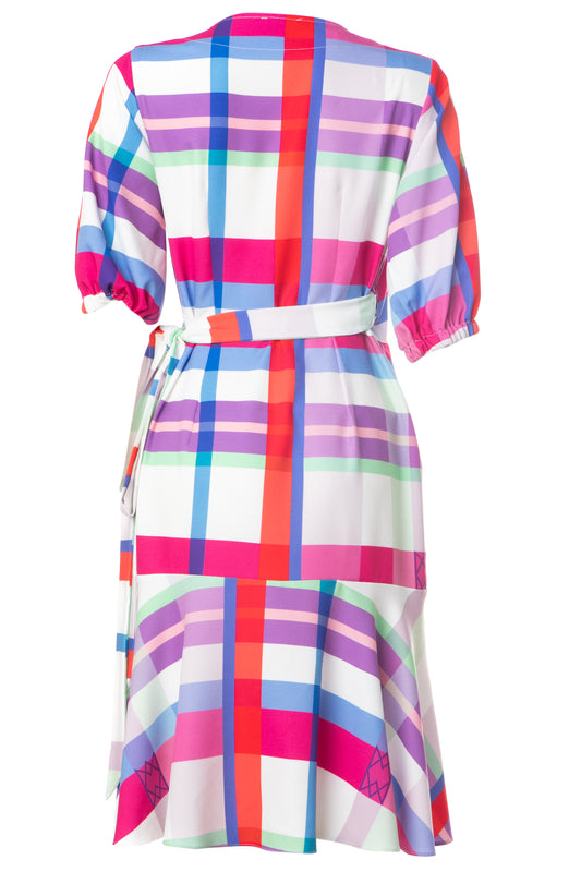 ALYSSA DRESS - MIDI WRAP PLAID DRESS WITH RUFFLED HEM