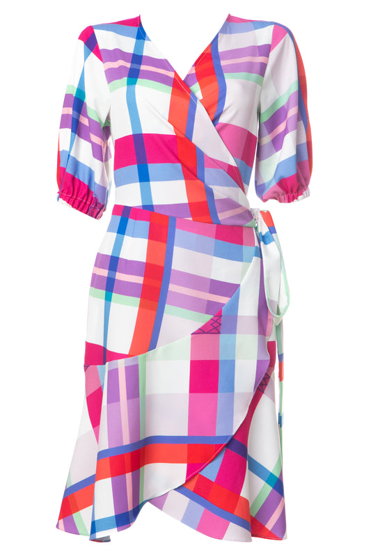 ALYSSA DRESS - MIDI WRAP PLAID DRESS WITH RUFFLED HEM