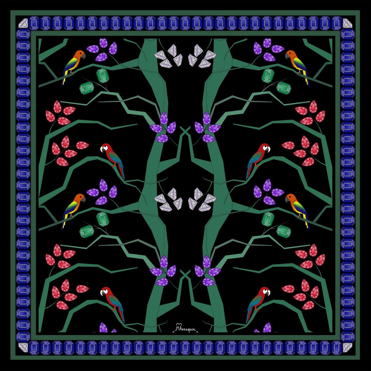 Birds & Gems Green Printed Silk Scarf - 70x70cm