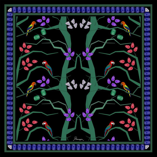 Birds & Gems Green Printed Silk Scarf - 70x70cm