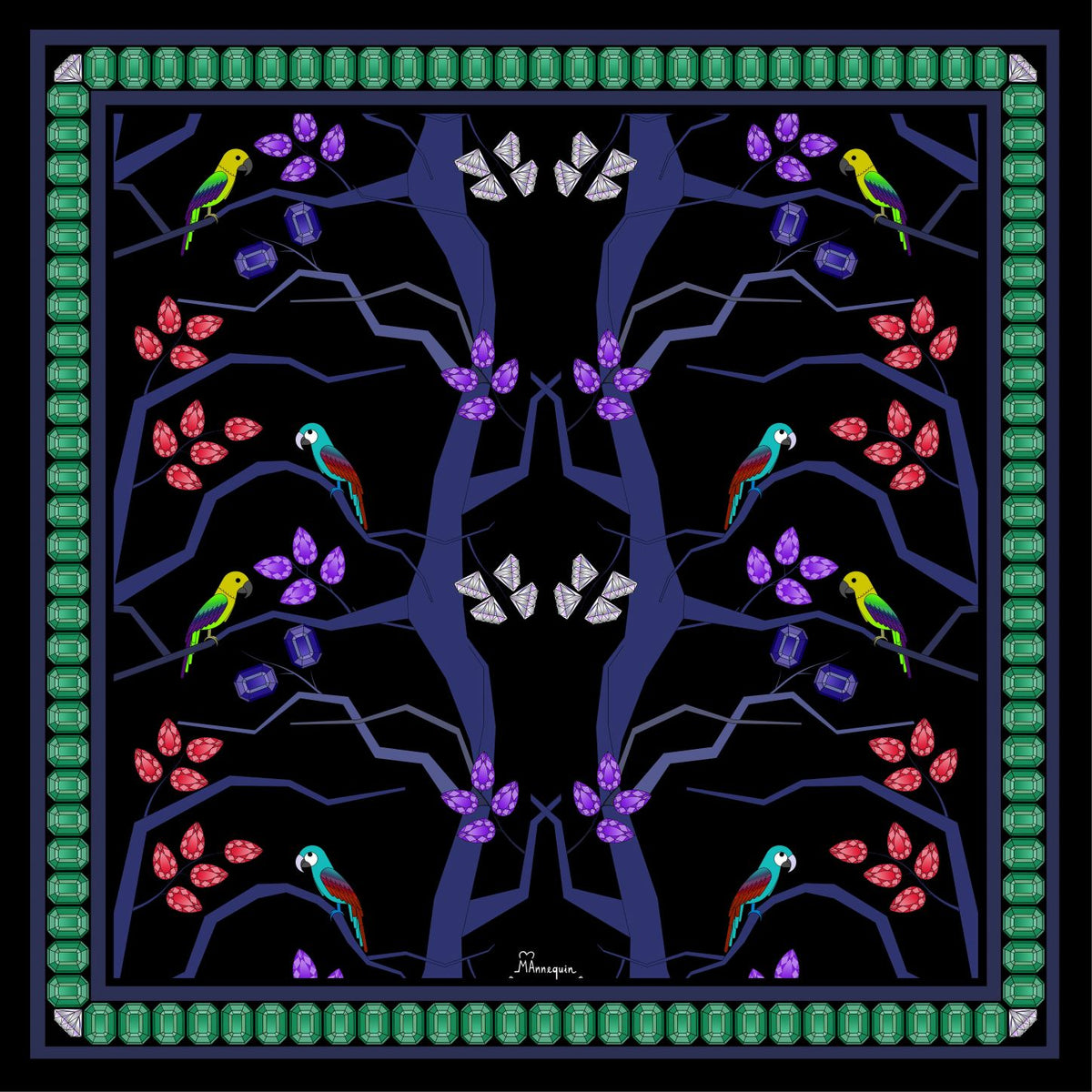 Birds & Gems Blue Printed Silk Scarf - 50x50cm