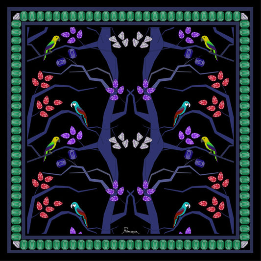 Birds & Gems Blue Printed Silk Scarf - 50x50cm