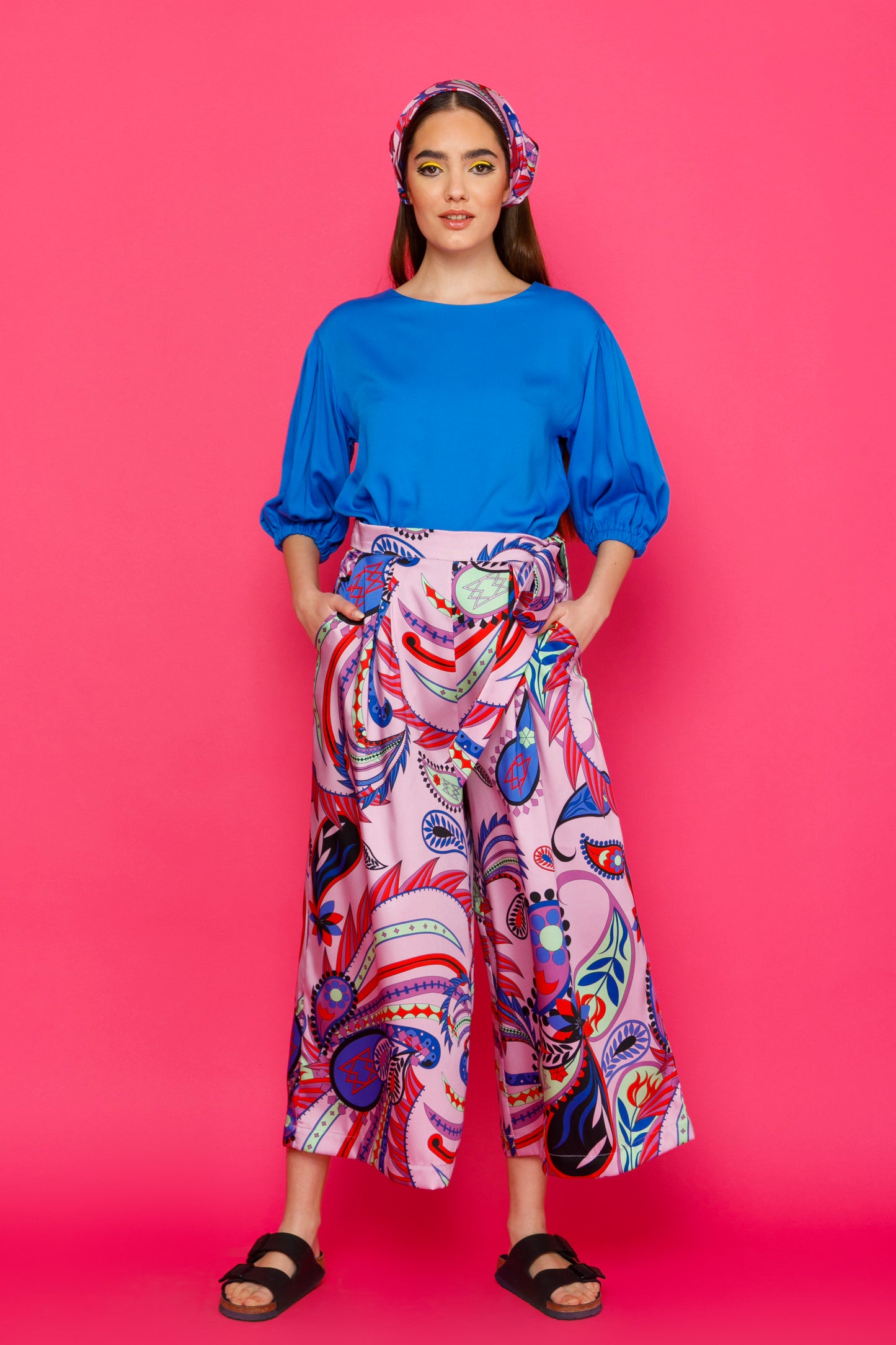 LINDA CULOTTES - SILKY PAISLEY WIDE LEG CULOTTES WITH BOW TIE