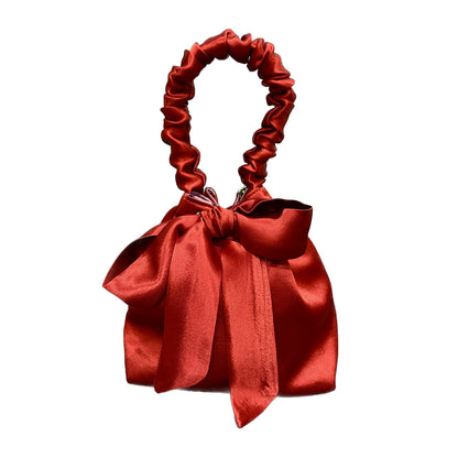 RED SATIN & PAISLEY MOTIF REVERSIBLE MINI BUCKET BAG