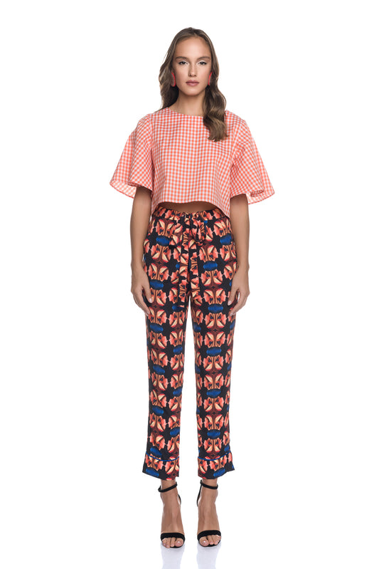 TIE BELT HIGH RISE CIGARETTE PANTS WITH MOTIF