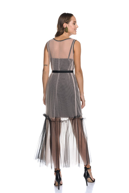 MAXI NUDE TULLE DRESS +LITTLE BLACK SATIN DRESS - 2 in 1 DRESS